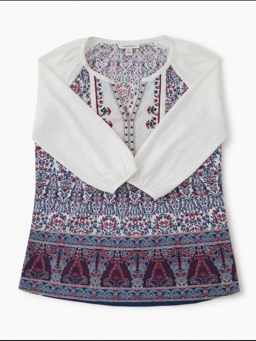 Size M White Tunic with Navy and Red Floral Accents